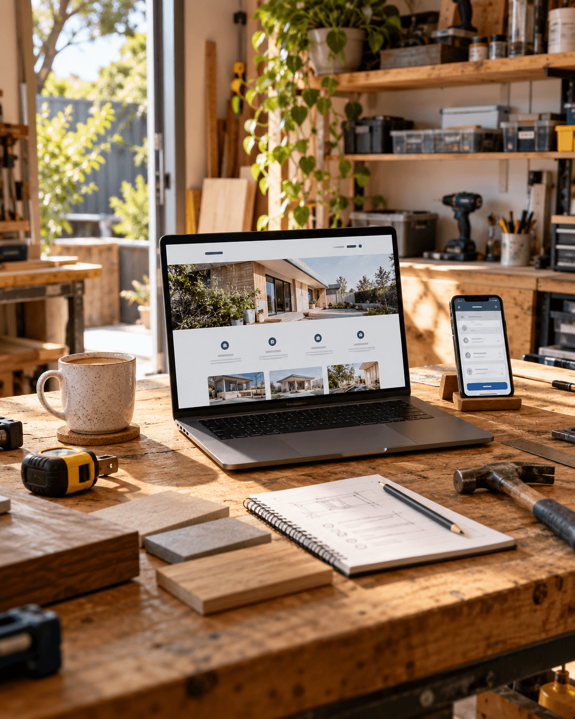 A practical small-business workshop with a website and job-management tools open on a laptop and phone